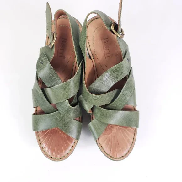 Born Leather Spring Green Strappy Platform Wedges Heels - Picture 6 of 7